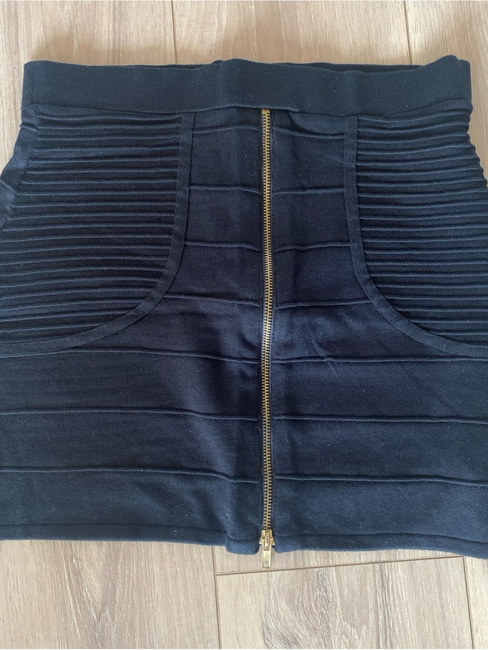 Black Ribbed Mini Skirt with Front Gold Zipper